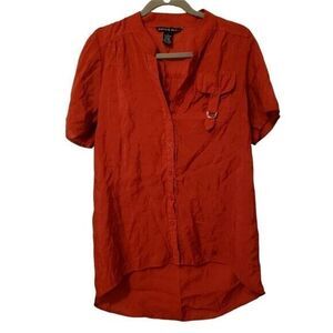 Antilia Femme Womens Sz L Red  Solid Short Sleeve Button Up Blouse